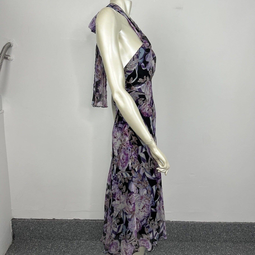 Diane Von Furstenberg Silk Dress Black/purple Floral Halter Open Back Sz 8 - Picture 10 of 11